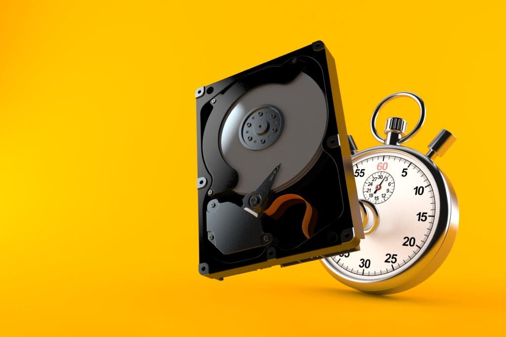 Fast hard drive isolated on orange background. 3d illustration